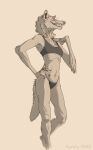  2023 anthro arm_tuft bra canid canine clothing elbow_tuft fangs female hi_res karbik_(artist) long_legs mammal maned_wolf navel open_mouth slim_anthro solo sports_bra string_panties teeth tuft underwear visible_ribcage 