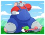  2023 anthro barefoot belly blue_overalls bodily_fluids clothed clothing cloud cloudscape duo elephant elephant_mario elephantid facial_hair feet gloves grass green_yoshi hand_behind_head handwear hat headgear headwear hi_res long_tongue male mammal mario_bros mustache nintendo obese obese_anthro obese_male open_mouth outside overalls overweight overweight_anthro overweight_male plant proboscidean red_clothing red_hat red_headwear red_shirt red_topwear robthehoopedchipmunk shirt sitting sitting_on_another sky super_mario_bros_wonder sweat sweatdrop thick_thighs tongue tongue_out topwear trunk wide_eyed yoshi 