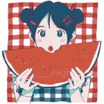  1girl black_hair blush checkered_background checkered_clothes checkered_dress double_bun dress food frilled_dress frills fruit hair_bun hair_ornament hairclip highres holding looking_at_viewer might117 original red_lips sleeveless sleeveless_dress solo twitter_username upper_body watermark watermelon watermelon_slice 