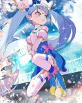  1girl blue_dress blue_eyes blue_footwear blue_hair boots bow brooch commentary cure_sky cut_bangs detached_sleeves dress dress_bow earrings frilled_dress frills gloves glowing_fist highres hirogaru_sky!_precure jewelry long_hair looking_to_the_side magical_girl multicolored_hair natadekoko_(nata_hfa) no_cape on_one_knee open_mouth petals pink_bow pink_hair precure puffy_detached_sleeves puffy_sleeves rain reflection short_dress single_horizontal_stripe single_sidelock sleeveless sleeveless_dress smile solo sora_harewataru sparkle streaked_hair thighhighs twintails very_long_hair white_thighhighs wind wing_brooch wing_hair_ornament 
