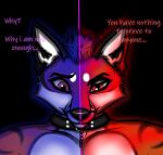  black_background black_nose blue_body blue_fur blue_hair brown_eyes canid canine collar english_text erickredfox evil_grin fox fur fur_markings hair jewelry looking_at_viewer looking_down male mammal markings marvel multicolored_body multicolored_fur multicolored_hair necklace red_body red_fox red_fur red_hair redrick_(erickredfox) simple_background smile solo spider-man_(series) text two_tone_body two_tone_fur two_tone_hair white_ears worried worried_face worried_look 