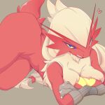  anthro blaziken blue_eyes breasts female generation_3_pokemon hissoriing looking_at_viewer nintendo open_mouth pokemon pokemon_(species) red_body simple_background solo yellow_sclera 