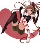  1girl ame-rain bangs black_gloves blunt_bangs blush box box_hair_ornament breasts brown_hair brown_shorts elbow_gloves fang gift gift_box gloves headphones highres looking_at_viewer open_mouth original shorts single_thighhigh small_breasts solo thighhighs valentine 