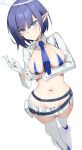  aoi_(blue_archive) bikini blue_archive blue_hair blue_necktie copyright_request gloves halo highres kakumayu long_sleeves micro_bikini microskirt midriff mole mole_under_eye necktie pointy_ears pubic_tattoo short_hair skirt socks swimsuit tattoo white_gloves white_socks 