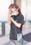  1girl bag black_eyes black_nails glasses hair_ornament hairpin mattaku_mousuke original outdoors red_hair shirt shoulder_bag solo sweat t-shirt 