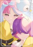  2girls blue_hair blush bow-shaped_hair cardigan character_hair_ornament closed_mouth commentary_request dot_(pokemon) eyelashes framed grin hair_ornament hair_over_eyes highres iono_(pokemon) jacket multicolored_hair multiple_girls pink_eyes pink_hair pokemon pokemon_(anime) pokemon_horizons purple_hair smile star_(symbol) teeth tonbo_(tonbo63194) two-tone_hair yellow_jacket 