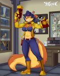  anthro blue_hair canid canine carmelita_fox clothed clothing female fox hair hi_res inside mammal savageshark sly_cooper_(series) solo sony_corporation sony_interactive_entertainment sucker_punch_productions 