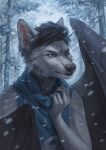  anthro black_hair black_nose blue_eyes canid cheek_tuft facial_tuft feathered_wings feathers fur glistening glistening_eyes grey_body grey_feathers grey_fur grey_wings hair hi_res male mammal marie_merkh messy_hair neck_tuft one_eye_closed outside plant short_hair signature snow snowing solo tree tuft whiskers wings 