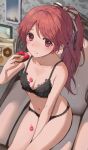  1girl between_legs black_bra black_panties black_ribbon blush bow bra breasts brown_bow brown_hair cleavage collarbone couch doughnut food food_on_body food_on_breasts food_on_face hair_ribbon hand_between_legs hand_up highres holding holding_food idolmaster idolmaster_cinderella_girls indoors kozeni_isari lace-trimmed_bra lace-trimmed_panties lace_trim lingerie long_hair looking_at_viewer navel panties ponytail red_eyes ribbon shiina_noriko sitting small_breasts solo stomach thighs underwear wallpaper_(object) 