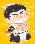  1boy bara black_bodysuit black_hair bodysuit bulge cheek_bulge chibi facial_hair flaming_halo full_body halo kneeling large_pectorals male_focus mature_male muscular muscular_male pectorals po_fu pouring short_hair sketch solo stubble sweatdrop tokyo_afterschool_summoners translation_request yellow_background zabaniyya_(housamo) 