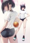  1girl alternate_costume animal_ears ass ball basketball_(object) black_buruma black_choker black_hair blue_archive blush breasts buruma cat_ears choker colored_inner_hair extra_ears from_behind fukai_ryosuke gym_shirt gym_uniform halo highres kazusa_(blue_archive) looking_at_viewer looking_back multicolored_hair multiple_views pink_hair red_eyes shirt short_hair standing two-tone_hair 