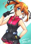  1girl bare_shoulders black_gloves blue_eyes blush breasts closed_mouth dated gloves hair_ribbon hand_on_own_hip highres looking_at_viewer lyrical_nanoha mahou_shoujo_lyrical_nanoha_strikers medium_breasts medium_hair orange_hair ribbon san-pon signature sleeveless solo teana_lanster twintails v 