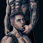  2boys abs absurdres arm_tattoo bara belt call_of_duty call_of_duty:_modern_warfare_2 cod_leech couple facial_hair finger_to_another&#039;s_mouth ghost_(modern_warfare_2) highres large_pectorals male_focus multiple_boys muscular muscular_male navel open_mouth pants pectorals scar scar_across_eye scar_on_face short_hair sidecut soap_(modern_warfare_2) tattoo topless_male twitter_username yaoi 