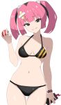  1girl alternate_costume bikini black_bikini black_eyes bracelet breasts cleavage closed_mouth commentary_request cowboy_shot eyelashes fang fang_out hair_ornament hand_up highres holding holding_phone holding_poke_ball jewelry looking_at_viewer navel phone pink_hair poke_ball poke_ball_(basic) pokemon pokemon_(anime) pokemon_horizons raised_eyebrows sango_(pokemon) simple_background smile solo surippa1010 swimsuit twintails white_background 