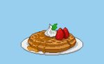  blue_background fan_(fantasy71199) food food_focus fruit no_humans original pancake pixel_art plate simple_background strawberry whipped_cream 