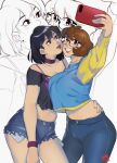  2girls artist_name black_eyes black_hair black_shirt blue_pants blue_shorts blue_sweater bra breasts choker collarbone commission cropped_shirt cropped_sweater dated denim denim_shorts earrings english_commentary eyeshadow glasses groin hair_behind_ear highres jeans jewelry large_breasts makeup medium_breasts multiple_girls navel off-shoulder_shirt off_shoulder original pants purple_bra purple_choker purple_eyeshadow red_lips selfie shirt short_hair short_shorts shorts smile snowcie snowciel sweater torn_clothes torn_shirt torn_shorts two-tone_sweater underwear wristband yellow_sweater zoom_layer 