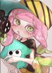  1girl baseball_cap black_shirt drooling gekiama88 green_eyes grey_background harmony_(splatoon) hat highres hugging_object long_hair pillow pillow_hug pink_hair shirt splatoon_(series) splatoon_3 tentacle_hair 