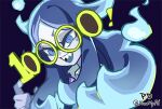 1girl blue_eyes blue_hair colored_skin donuttypd ghost ghost_girl glasses green-framed_eyewear hand_up long_hair looking_at_viewer number_glasses open_mouth open_smile original paisley_(donuttypd) purple_background sharp_teeth signature smile teeth white_skin 