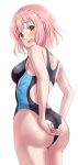  1girl adjusting_clothes adjusting_swimsuit ass black_one-piece_swimsuit braid breasts commission competition_swimsuit date_a_live from_behind highleg highleg_swimsuit highres looking_at_viewer looking_back medium_breasts multicolored_clothes multicolored_swimsuit one-piece_swimsuit pink_hair pixiv_commission shiitake_taishi simple_background solo sonogami_rinne standing swimsuit white_background 