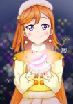 1girl birthday blush cape commentary earrings glowing_feather hat highres jewelry long_hair looking_at_viewer love_live! love_live!_superstar!! orange_hair purple_eyes shibuya_kanon signature smile solo starlight_prologue swept_bangs upper_body zero-theme 