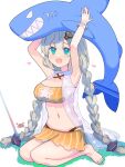  1girl arms_up beach bracelet braid breasts crab green_eyes hair_ornament heart inflatable_toy jewelry kizuna_akari large_breasts last_period long_hair multiple_hairpins navel open_mouth outdoors puuakachan shark sitting skirt smile solo swimsuit twin_braids voiceroid white_hair 