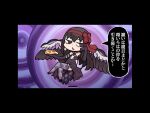  1girl akemi_homura akuma_homura argyle argyle_legwear black_border black_footwear black_hair black_wings border bow chibi detached_collar dot_nose dress elbow_gloves feathered_wings floating food full_body gloves hair_bow hairband holding holding_food holding_pizza long_hair looking_to_the_side magia_record:_mahou_shoujo_madoka_magica_gaiden mahou_shoujo_madoka_magica open_mouth papa_(shimeguru) pizza pizza_slice purple_background purple_dress purple_eyes purple_gloves purple_thighhighs red_bow red_hairband ringed_eyes solo straight_hair thighhighs translation_request triangle_mouth very_long_hair wings zettai_ryouiki 