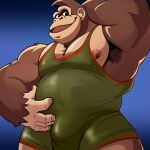  1:1 2023 anthro ape armpit_hair barazoku belly body_hair brown_body brown_fur bulge detailed_bulge digital_media_(artwork) donkey_kong_(character) donkey_kong_(series) fur gorilla hand_behind_head haplorhine hi_res looking_at_viewer low-angle_view male mammal musclegut muscular muscular_arms muscular_male nintendo nipples pecs portrait primate simple_background skyskater solo standing three-quarter_portrait wrestling_singlet 