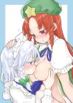  2girls blue_eyes blush braid breast_sucking breasts buttons chikado collared_shirt green_headwear grey_hair hat hat_ornament highres hong_meiling izayoi_sakuya large_breasts long_hair long_sleeves maid maid_headdress multiple_girls open_mouth red_eyes red_hair shirt short_hair short_sleeves star_(symbol) star_hat_ornament touhou twin_braids white_shirt yuri 