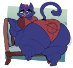 2023 anthro belly big_butt blue_body blue_fur breasts butt chair clothing domestic_cat felid feline felis female fur furniture hair highlights_(coloring) kafrizzzle looking_back mae_borowski mammal night_in_the_woods overweight overweight_anthro overweight_female purple_hair red_eyes side_belly side_boob signature simple_background solo tongue tongue_out whiskers 