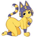  1girl absurdres animal_crossing animal_ears ankha_(animal_crossing) black_eyes blue_hair breasts cat cat_ears cat_girl cat_tail furry highres large_breasts looking_at_viewer meme nintendo nude original paw_pose potatoartox short_hair simple_background smile solo tail thighhighs 