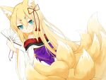  1girl :3 animal_ear_fluff animal_ears bare_shoulders blonde_hair blush closed_mouth commentary_request folding_fan fox_ears fox_girl fox_tail from_behind green_eyes hair_between_eyes hair_ornament hand_fan highres holding holding_fan japanese_clothes kimono kitsune long_hair long_sleeves looking_at_viewer looking_back mon-musu_quest! monster_girl multiple_tails obi oreyutadesu paper_fan purple_sash redrawn sash simple_background slit_pupils smile solo tail tamamo_(mon-musu_quest!) white_background white_kimono 
