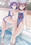  2girls ass blue_eyes blue_one-piece_swimsuit breasts brown_hair casual_one-piece_swimsuit dixie_cup_hat hat highleg highleg_swimsuit highres military_hat multiple_girls neckerchief one-piece_swimsuit original pool poolside purple_hair red_eyes red_neckerchief sailor_collar sailor_hat short_hair small_breasts soaking_feet swimsuit user_uvwh7272 white_sailor_collar 