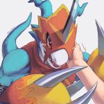 1other claws digimon digimon_(creature) fladramon highres horns kira_(kira_dra) looking_at_viewer open_mouth red_eyes simple_background single_horn solo_focus upper_body white_background 