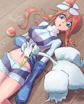  1girl blue_eyes gloves highres lying midriff on_back pokemon skyla_(pokemon) swanna wooden_floor yuzumikan121 