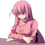  1girl absurdres arm_rest blue_eyes bocchi_the_rock! breasts cube_hair_ornament cup drinking_straw drinking_straw_in_mouth gotou_hitori hair_ornament highres hinghoi jacket large_breasts lonely long_hair looking_down pink_hair pink_jacket side_ahoge sitting solo tears track_jacket upper_body very_long_hair wavy_mouth 