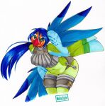  2017 anthro avian beak belly bent_over biped bird blue_hair blue_wings bottomwear breasts closed_smile clothed clothing crop_top eye_markings eyebrows feathered_wings feathers female front_view green_eyes hair hi_res long_hair looking_at_viewer malachyte markings midriff mouth_closed multicolored_body navel non-mammal_breasts orange_body orange_tail ponytail portrait shirt shorts simple_background slightly_chubby solo tail tail_feathers thigh_strap three-quarter_portrait tools topwear two_tone_body white_background white_markings winged_arms wings wrench 