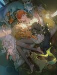  barefoot blue_hair cellphone cuddling flareon highres hood hoodie jolteon leafeon multicolored_hair noir_(ibaraki) on_bed pantyhose penny_(pokemon) phone poke_ball pokemon pokemon_(creature) pokemon_(game) pokemon_sv red_hair skirt smartphone sunlight sylveon umbreon vaporeon 