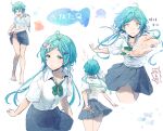  1girl aqua_hair blue_panties blue_skirt bow closed_mouth ensemble_stars! fish genderswap genderswap_(mtf) green_bow green_eyes hair_bow long_hair low_twintails momoico multicolored_pants multiple_hair_bows open_mouth panties pants shinkai_kanata skirt smile solo striped striped_panties translation_request twintails underwear white_background white_bow white_panties wringing_clothes wringing_skirt 