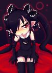 1girl ;d backbeako backbeard black_background black_dress black_gloves black_hair black_ribbon black_thighhighs blush commentary_request dress elbow_gloves gegege_no_kitarou gloves hair_over_one_eye hair_ribbon head_tilt long_hair looking_at_viewer on_bed one_eye_closed open_mouth original pointy_ears red_eyes ribbon ringed_eyes simple_background sitting sleeveless sleeveless_dress smile solo thighhighs torotei twintails very_long_hair 