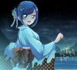  1girl absurdres alternate_hairstyle blue_hair blue_kimono braid commentary delicious_party_precure fireworks folded_ponytail from_behind fuwa_kokone hair_ornament hair_up highres holding_fireworks japanese_clothes kimono long_sleeves looking_at_viewer mitsuki_tayura mountainous_horizon night night_sky obi open_mouth outdoors pond precure sash senkou_hanabi shooting_star short_hair sky smile solo sparkler standing star_(sky) starry_sky wide_sleeves yukata 