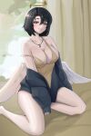  1girl absurdres angel_(last_origin) bare_legs bare_shoulders barefoot black_hair black_jacket blush breasts cleavage collarbone dress feathered_wings halo highres indoors jacket jewelry kneeling large_breasts last_origin looking_at_viewer minji_(jimin10804) necklace purple_eyes ring_necklace short_hair smile solo strap_slip white_wings wings yellow_dress 