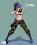  1girl abs absurdres ammunition_pouch armlet bare_shoulders belt biceps blue_eyes blue_hair breasts camouflage camouflage_pants character_name crop_top dog_tags earrings full_body glint gloves green_background highres jewelry large_breasts leona_heidern looking_at_viewer making-of_available mar10 midriff military military_uniform muscular muscular_female navel pants ponytail pouch shadow sleeveless solo standing tank_top the_king_of_fighters the_king_of_fighters_xv triangle_earrings uniform yellow_tank_top 