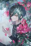  1boy ahoge black_hair black_jacket danganronpa_(series) danganronpa_v3:_killing_harmony dated flower green_hair hair_between_eyes happy_birthday highres holding holding_flower jacket leaf long_sleeves looking_at_viewer male_focus multicolored_hair parted_lips petals pink_flower red_flower saihara_shuichi solo upper_body yellow_eyes zaso 