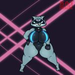  anthro athletic ava_(katbrainz) big_breasts breasts clothed clothing cyberpunk digital_media_(artwork) female fur glistening glistening_clothing gloves glowing_cothing handwear katbrainz mammal procyonid raccoon simple_background smile smiling_at_viewer smirk smirking_at_viewer solo thick_thighs tight_clothing toned_female 
