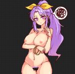  1girl bar_censor black_background bracelet breasts censored closed_mouth commentary_request completely_nude cowboy_shot eaglov female_pubic_hair hair_ribbon jewelry large_breasts long_hair looking_at_viewer navel nipples nude pink_eyes pixel_art ponytail pubic_hair purple_hair pussy ribbon sidelocks simple_background solo spoken_squiggle squiggle touhou variant_set watatsuki_no_yorihime yellow_ribbon 