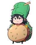  1girl black_eyes black_hair blush bright_pupils bun_(food) burger burger_costume cheese chibi food food-themed_clothes full_body green_headwear lettuce lucia_(scott_malin) medium_hair original scott_malin serious shadow simple_background solo standing white_background white_pupils 