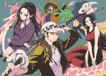  2boys 2girls afro black_eyes black_footwear black_hair boa_hancock breasts brook_(one_piece) brown_eyes brown_hair coat colored_sclera dress earrings feather_boa forehead hat holding holding_weapon horns isshoku_(shiki) jewelry long_hair looking_at_viewer multiple_boys multiple_girls multiple_hands nico_robin one_piece purple_coat python red_dress salome_(one_piece) shirt skull sleeveless sleeveless_dress snake tongue tongue_out trafalgar_law weapon white_shirt yellow_eyes 