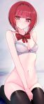  1girl absurdres arima_kana black_thighhighs blunt_bangs blush bob_cut bottomless bra breasts commentary covering covering_crotch highres inverted_bob looking_at_viewer navel necktie oshi_no_ko parted_lips red_eyes red_hair red_necktie rifufu short_hair small_breasts solo thighhighs underwear white_bra 