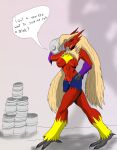  anthro armwear avian beer_keg blaziken bottomwear breasts clothed clothing crazy-fox female full-length_portrait game_freak generation_3_pokemon hi_res nintendo nipples pokemon pokemon_(species) portrait simple_background solo topless 