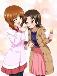  2girls blush breasts brown_eyes brown_hair buttons feeding food girls_und_panzer highres ice_cream jacket jewelry key_(gaigaigai123) medium_breasts multiple_girls necklace nishizumi_miho one_eye_closed open_mouth polka_dot polka_dot_shirt sawa_azusa shirt short_hair simple_background small_breasts smile yuri 